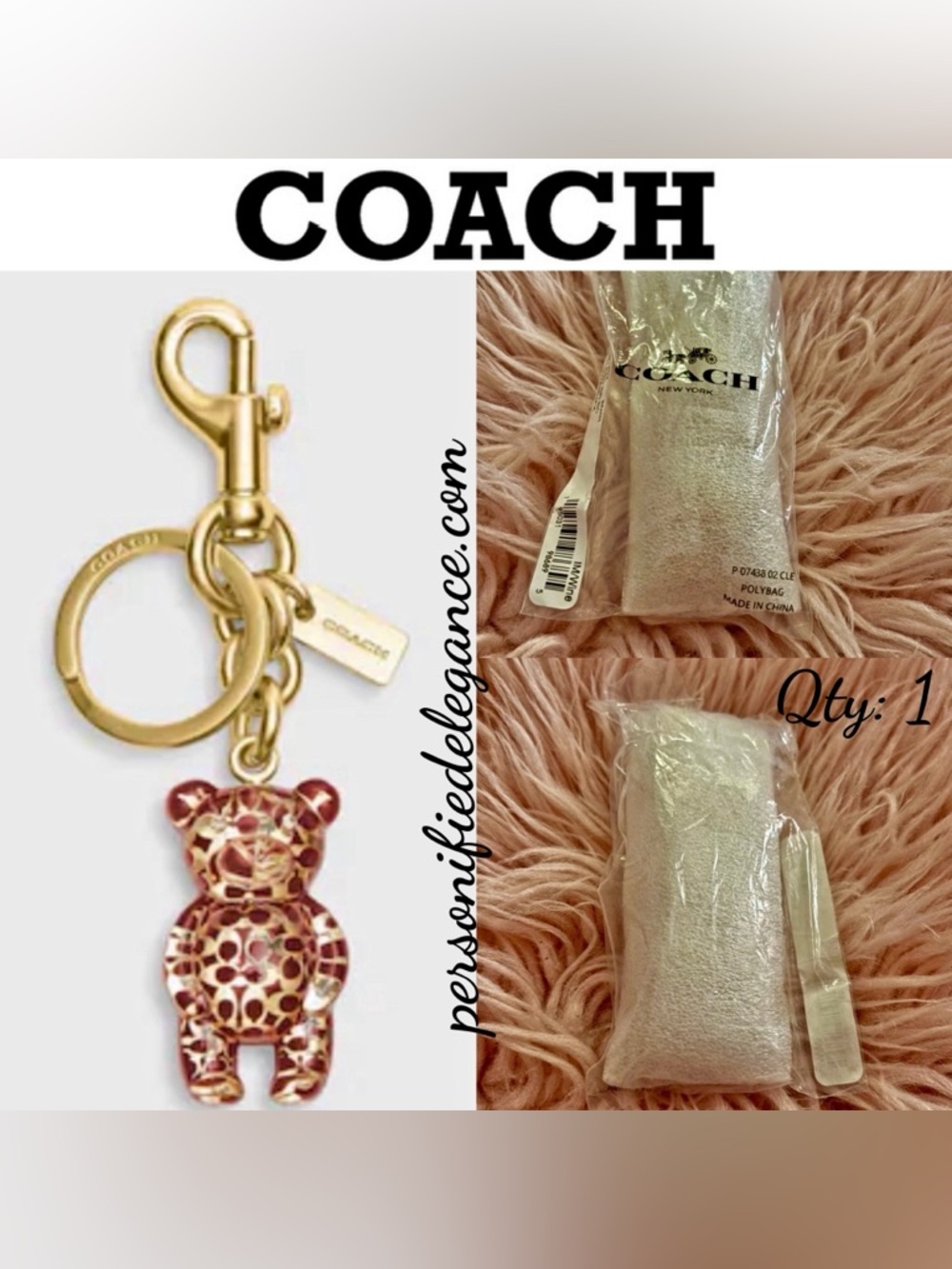 NEW Coach 3D Resin Bear Wine Gold Purse Bag Charm Keychain Key Fob